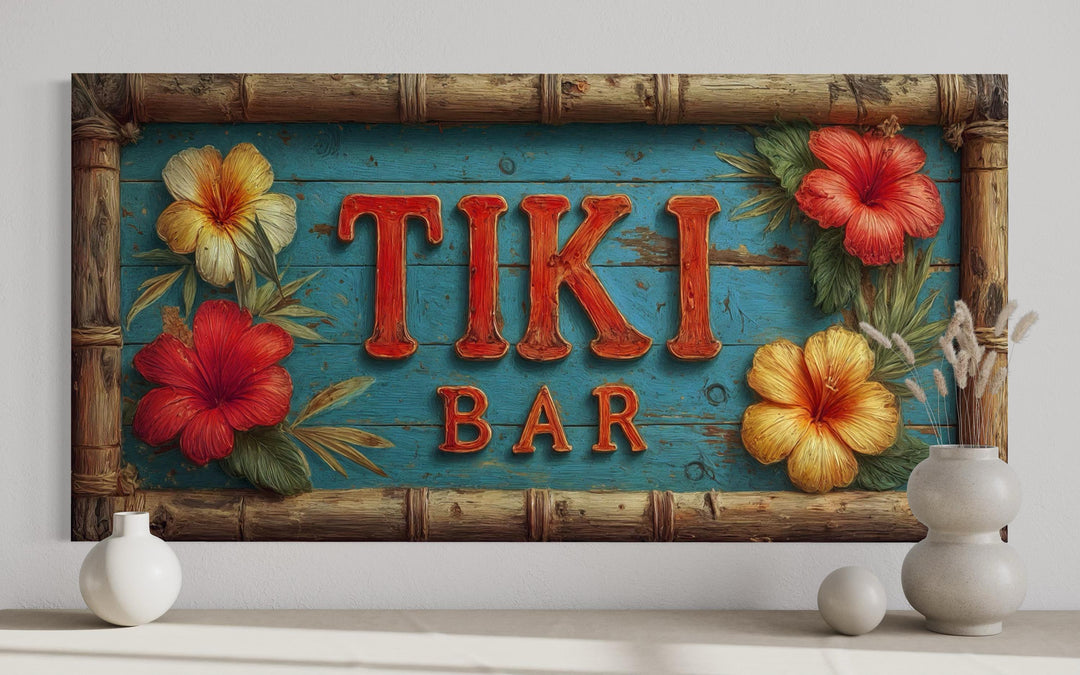 Tiki Bar wall art canvas print featuring tropical hibiscus flowers and a bamboo-style frame.