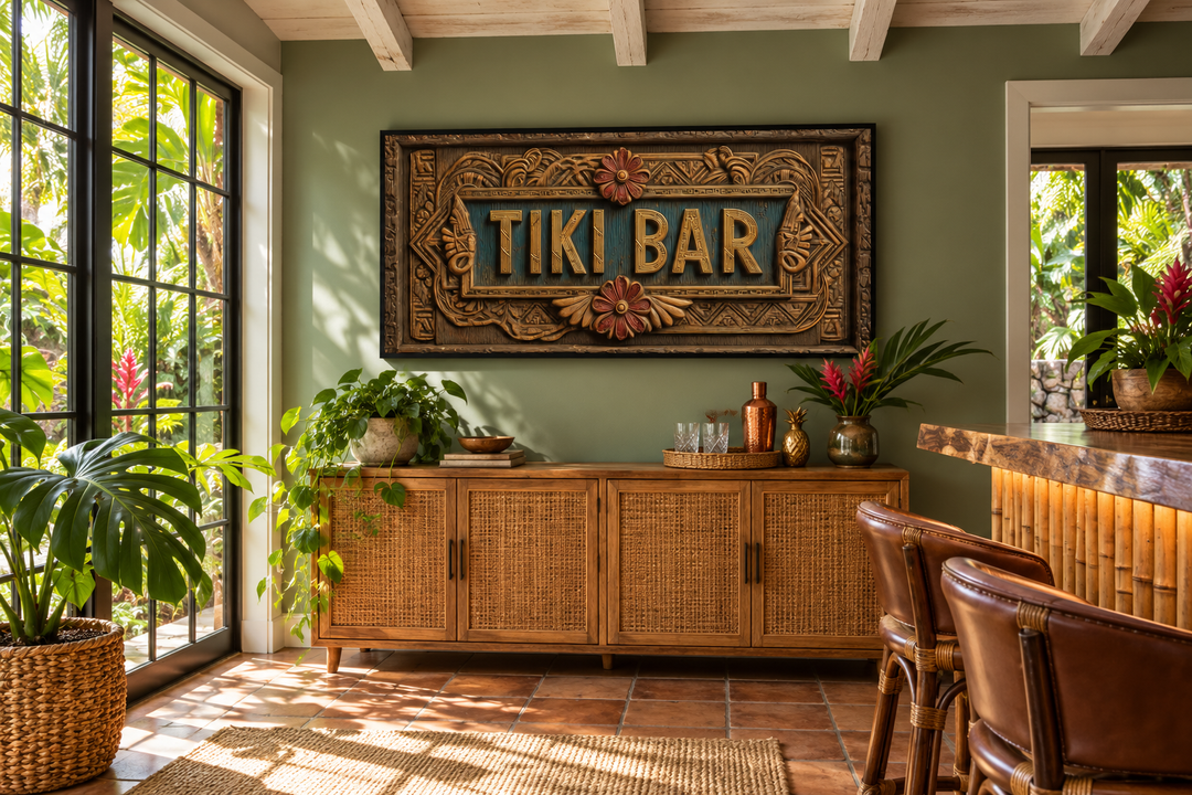 Tiki Bar framed sign canvas wall art with carved wood textures and tropical motifs in a sunroom.