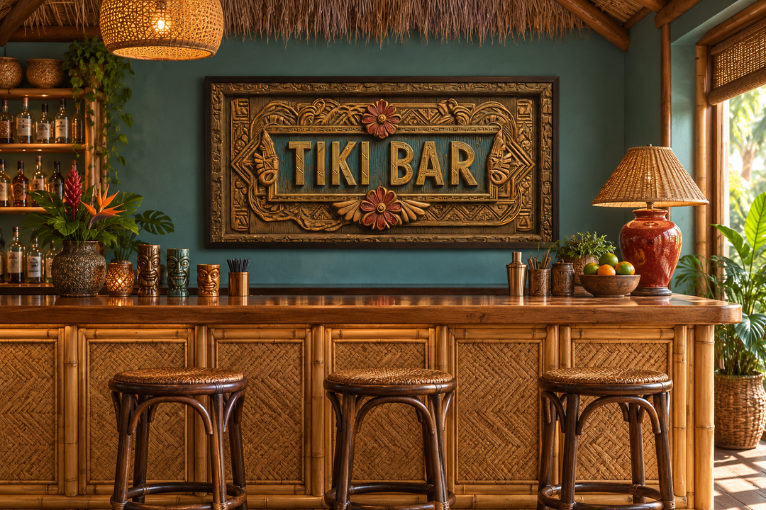 Tiki Bar framed sign canvas wall art on a teal wall above a bamboo bar with stools.