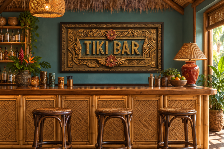 Tiki Bar framed sign canvas wall art on a teal wall above a bamboo bar with stools.
