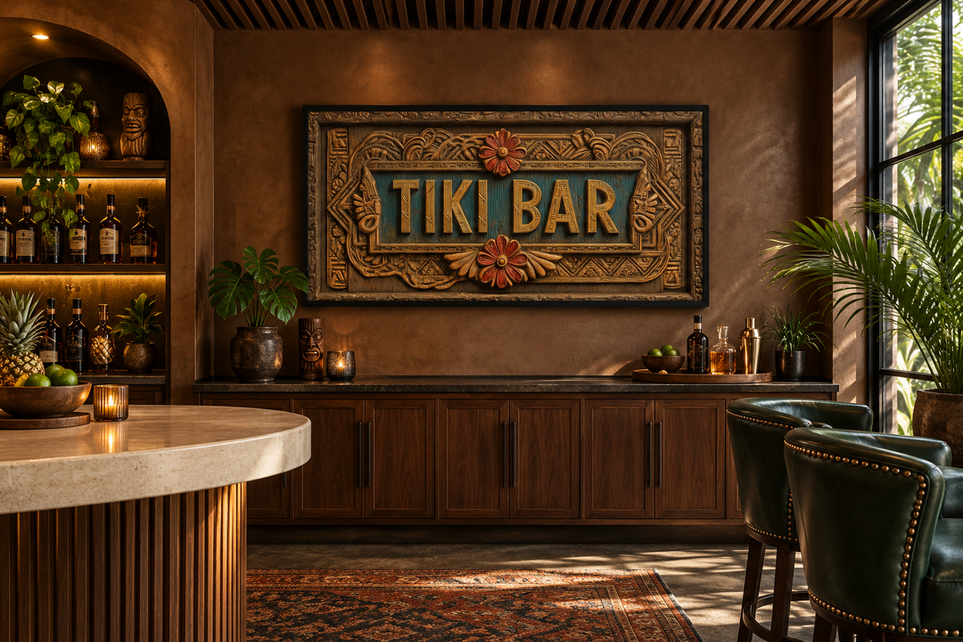 Tiki Bar framed sign canvas wall art with carved wood textures and tropical motifs in a home bar.