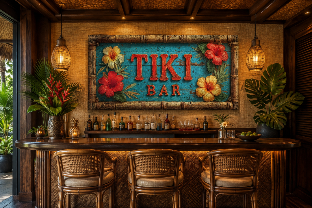 Tiki Bar wall art canvas print with tropical hibiscus flowers and weathered wood texture.