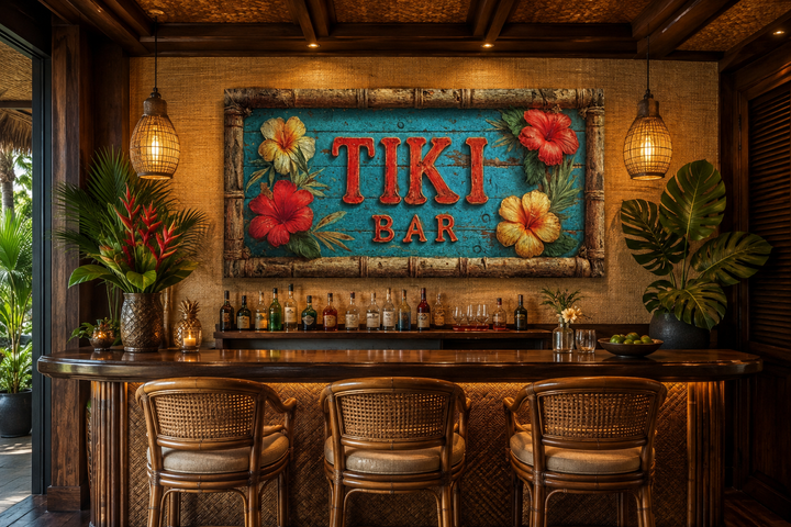 Tiki Bar wall art canvas print with tropical hibiscus flowers and weathered wood texture.