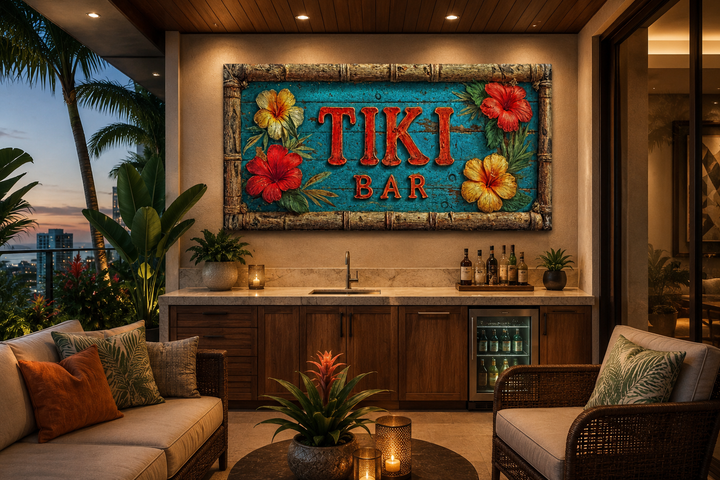 Tiki Bar wall art canvas print with tropical hibiscus flowers on a weathered turquoise wood sign.