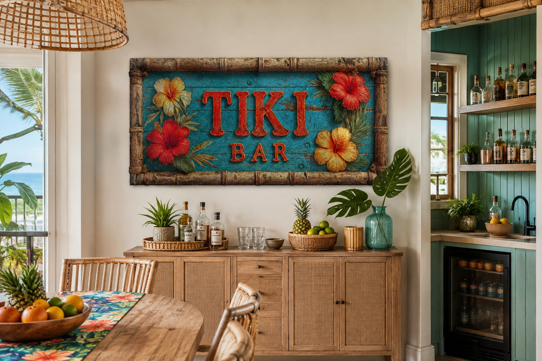 Tiki Bar wall art canvas print with tropical hibiscus flowers and a weathered wood texture.