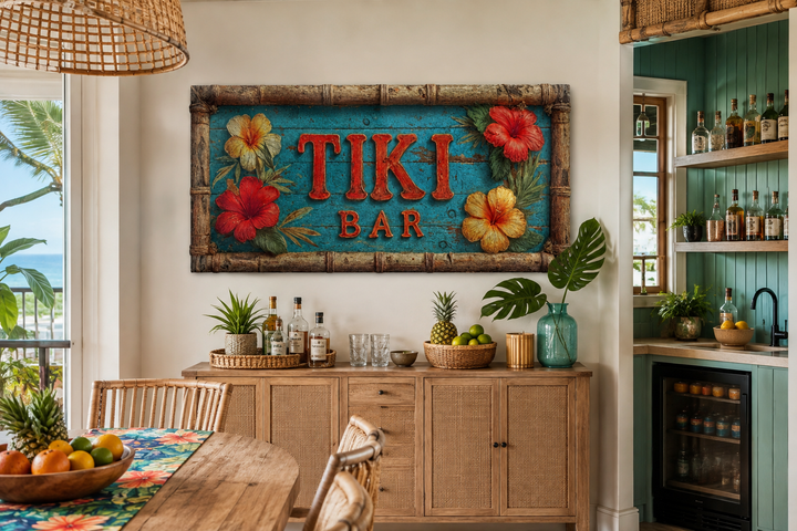 Tiki Bar wall art canvas print with tropical hibiscus flowers and a weathered wood texture.