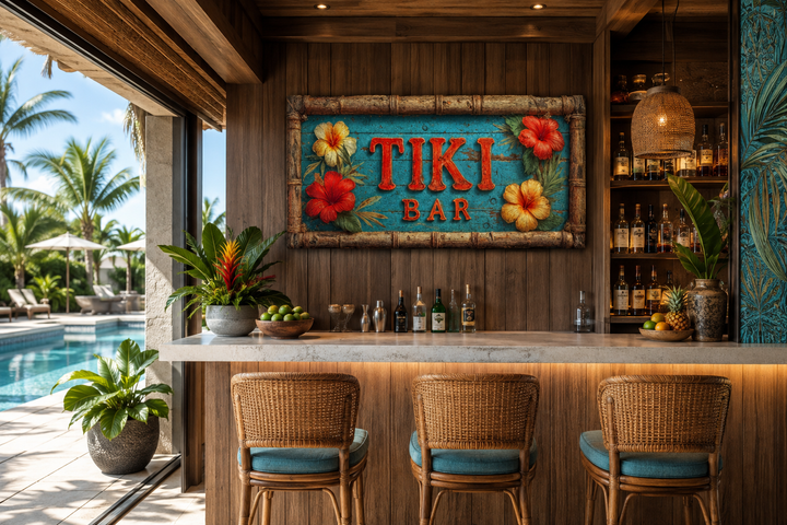 Tiki Bar wall art canvas print with tropical hibiscus flowers above a wooden home bar.