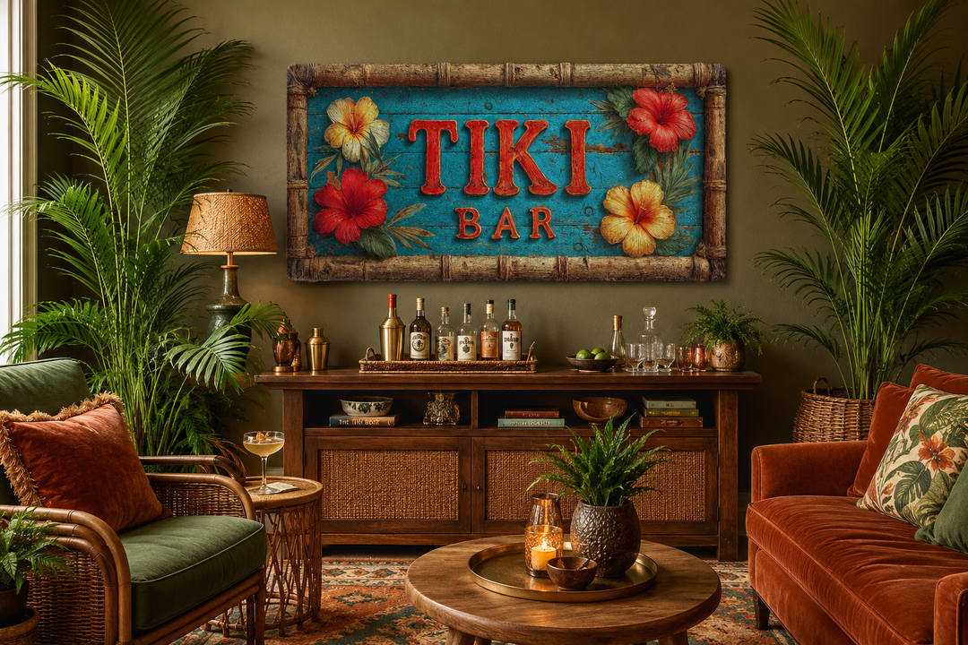 Tiki Bar wall art canvas print with tropical hibiscus flowers and a weathered wood texture.
