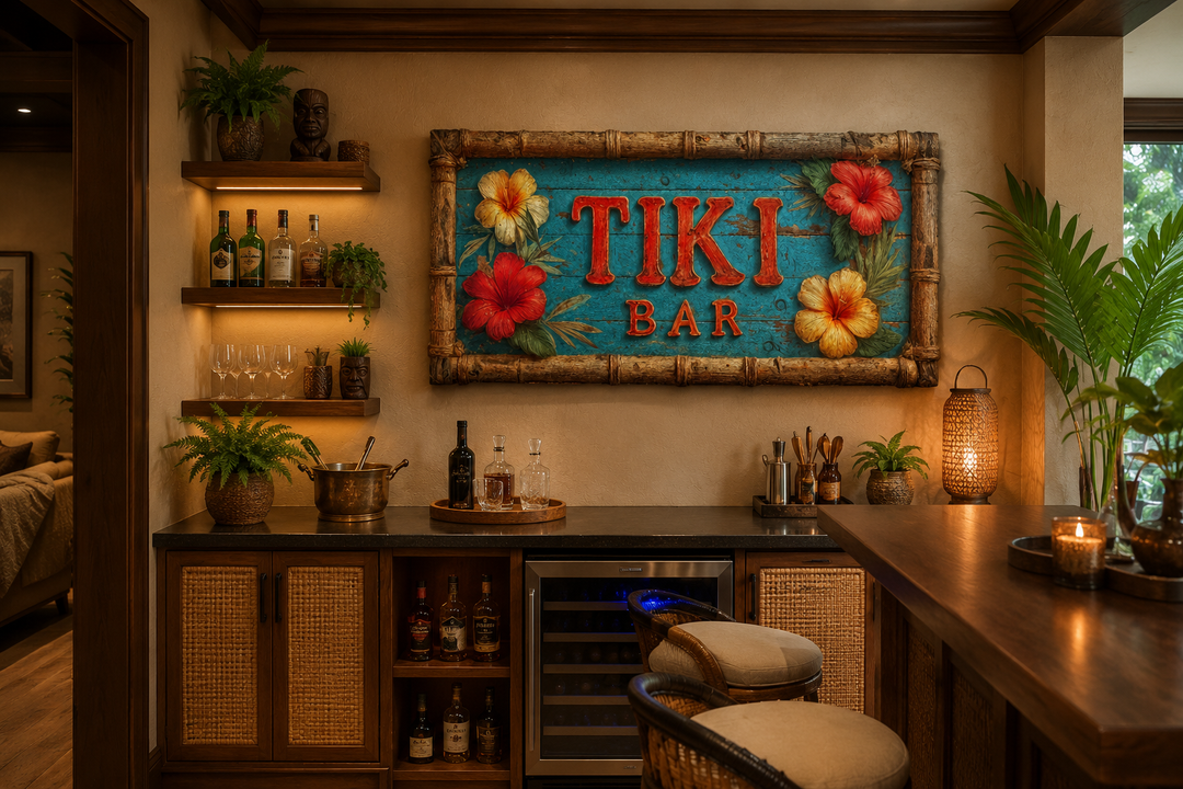 Tiki Bar wall art with tropical flowers and carved-style lettering in a home bar setting.