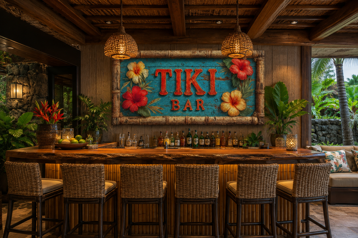 Tropical Tiki Bar wall art canvas print with red lettering and hibiscus flowers over a home bar.
