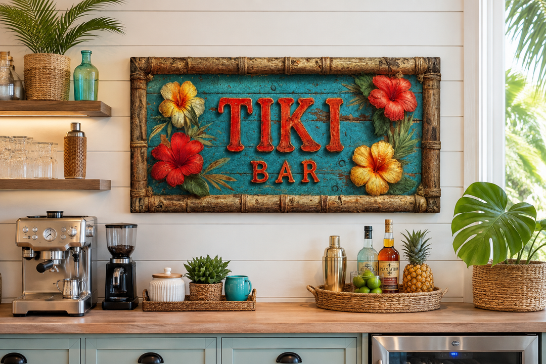 Tiki Bar wall art canvas print with tropical hibiscus flowers and weathered wood texture.