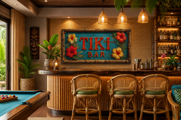 Tiki Bar wall art canvas print with tropical hibiscus flowers on a weathered turquoise wood sign.