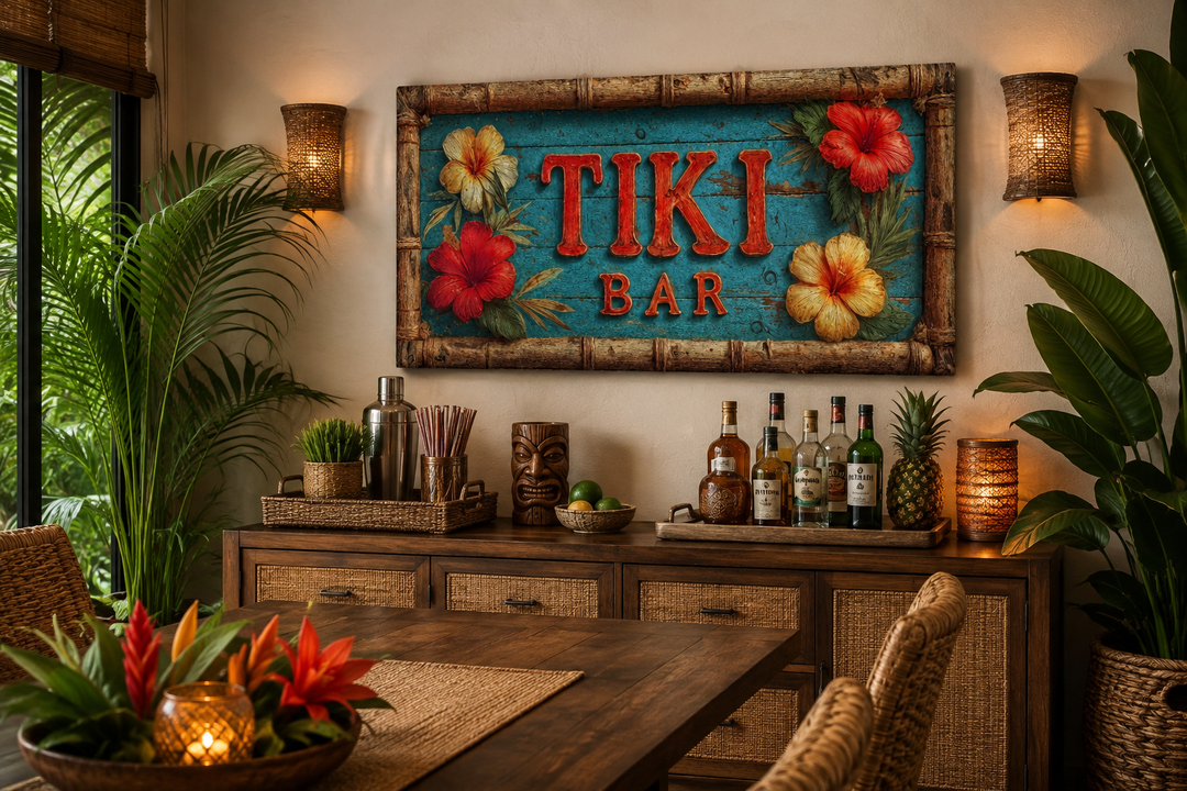 Tiki Bar wall art canvas print with tropical hibiscus flowers and carved-style lettering.