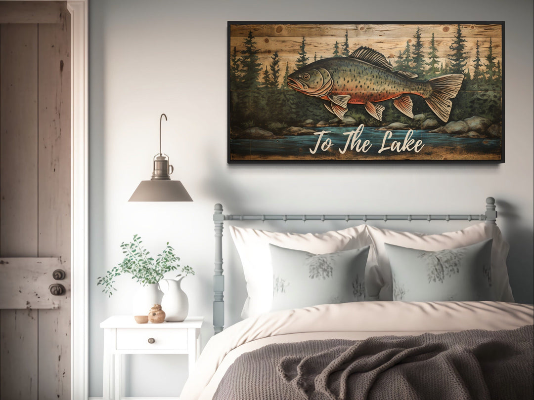 To The Lake Rustic Fishing Sign Framed Cabin Wall Decor