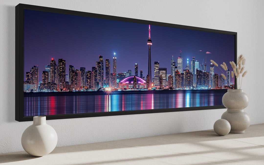 Toronto Skyline At Night Framed Horizontal Canvas Wall Art