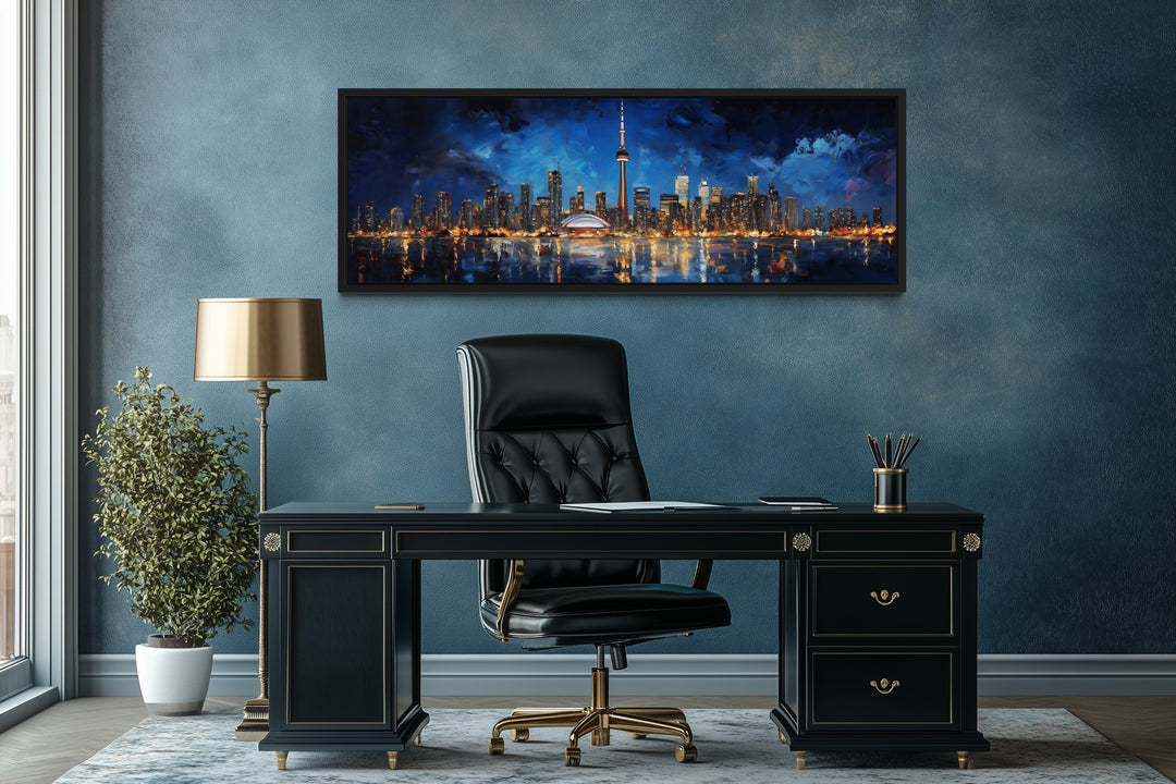 Toronto Skyline At Night Framed Horizontal Canvas Wall Art