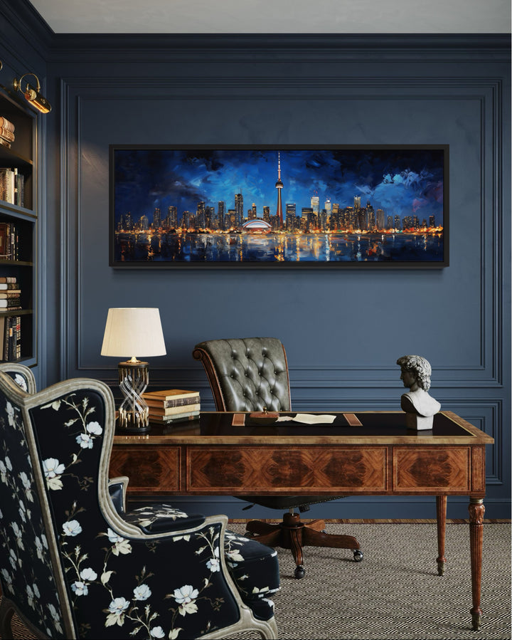 Toronto Skyline At Night Framed Horizontal Canvas Wall Art