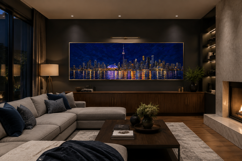 Toronto skyline at night with CN Tower framed horizontal canvas wall art in a modern living room.