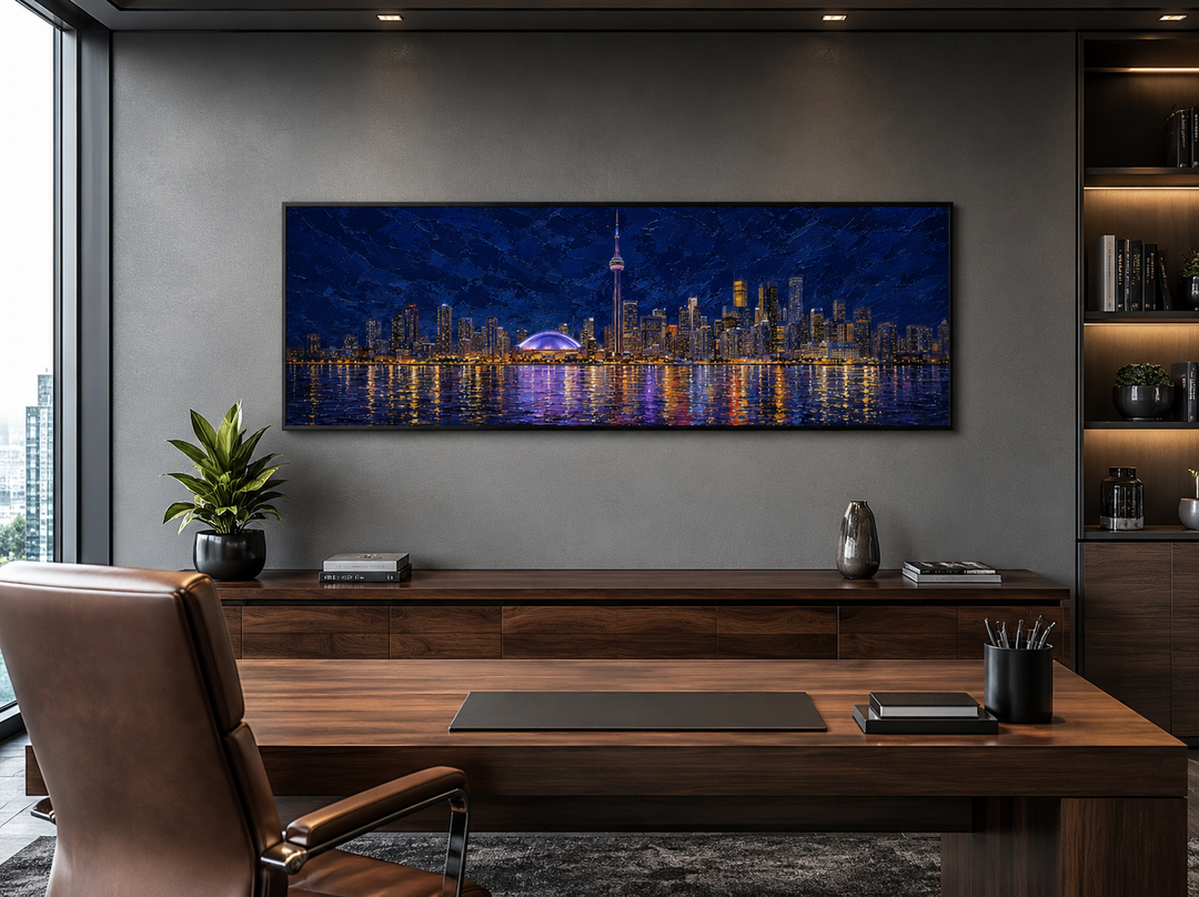 Toronto skyline at night framed horizontal canvas wall art in a modern office setting.