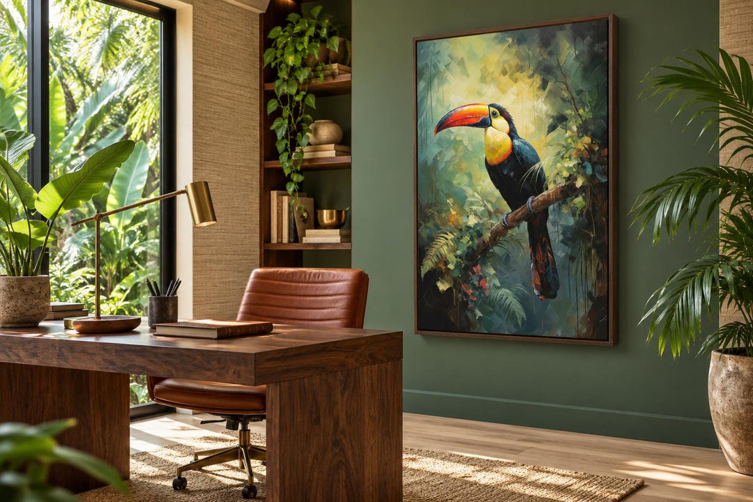 Toucan in the Rainforest Tropical Framed Canvas Wall Art displayed in a modern home office.