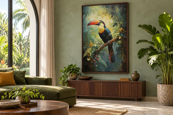 Toucan in the Rainforest tropical framed canvas wall art hanging in a green living room.
