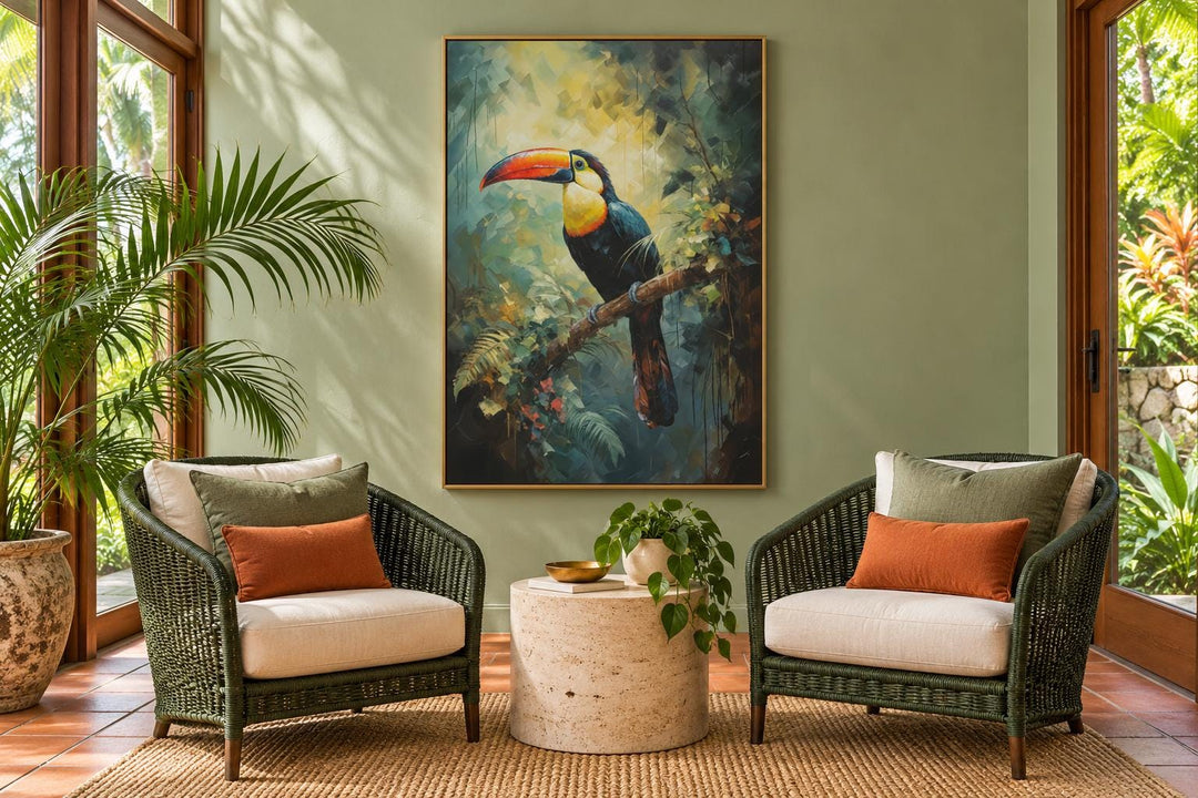 Toucan in the Rainforest tropical framed canvas wall art above two green wicker armchairs.