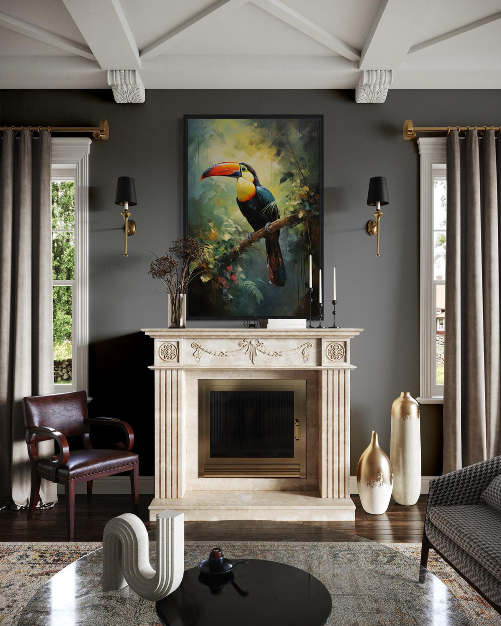Toucan in the Rainforest tropical framed canvas wall art hanging above a fireplace in a living room.