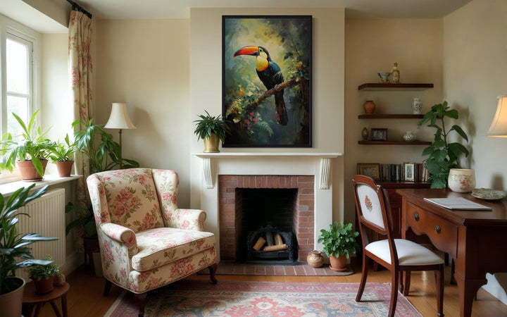 Toucan in the Rainforest framed canvas wall art hanging above a fireplace in a cozy living room.