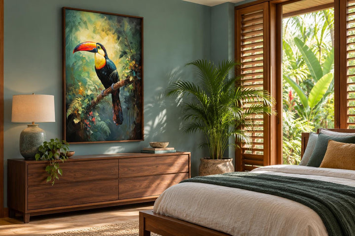 Toucan in the Rainforest tropical framed canvas wall art hanging above a wooden dresser in a bedroom.