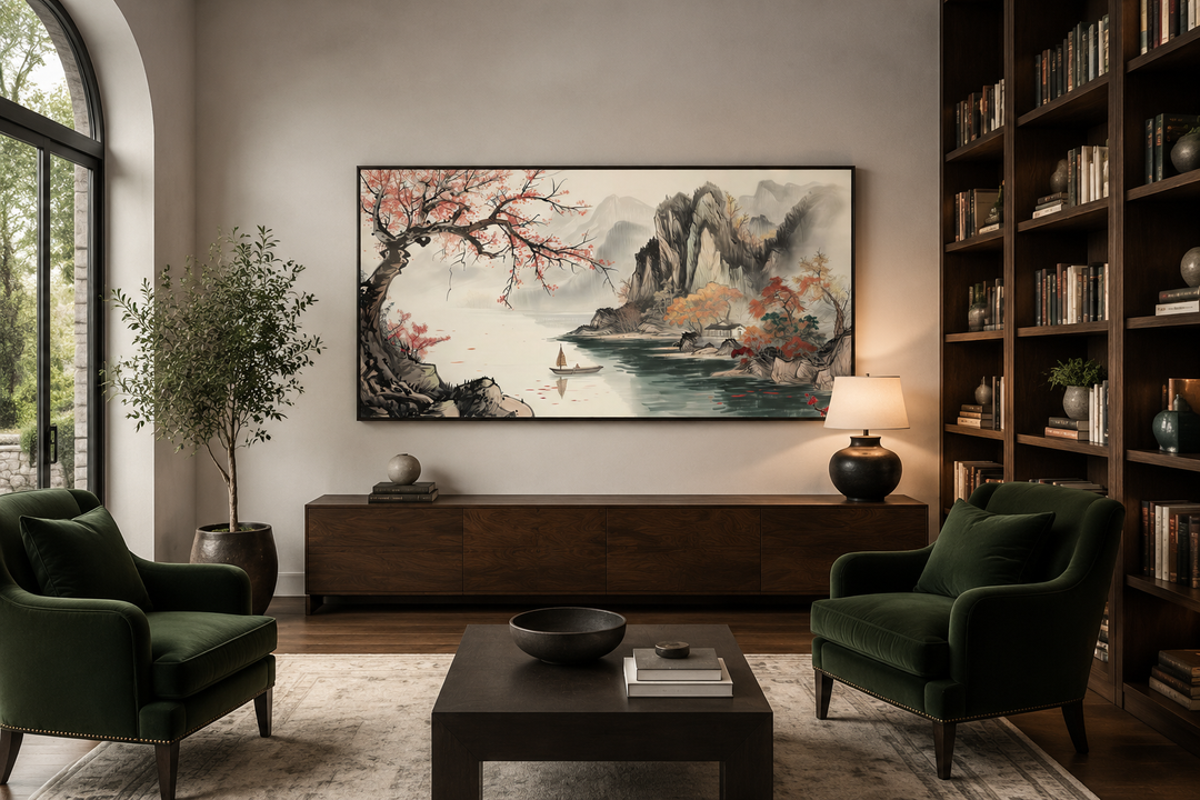 Traditional Chinese Shan Shui Hua landscape canvas wall art above a dark wood console table.