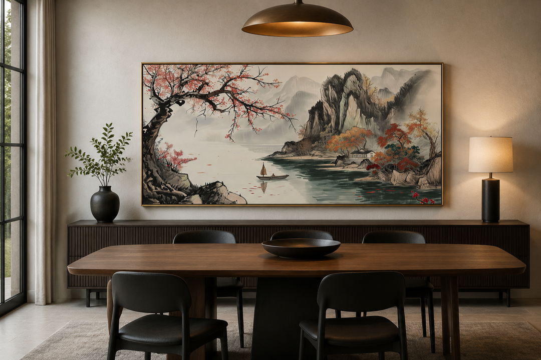 Traditional Chinese Shan Shui Hua landscape canvas wall art above a dining table.