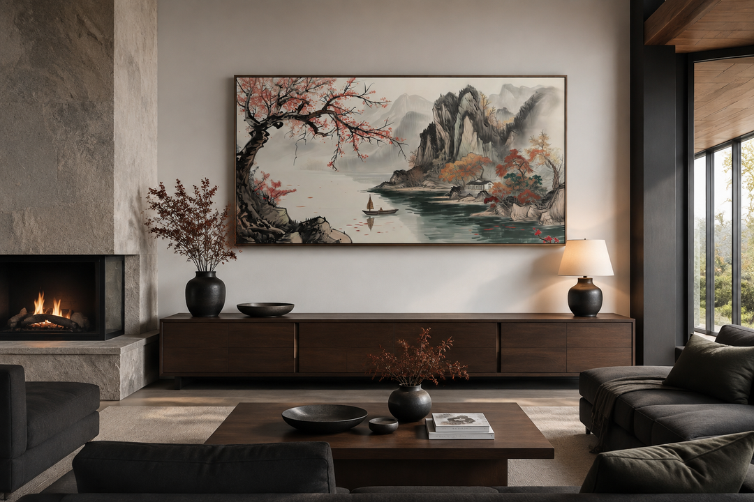 Traditional Chinese Shan Shui Hua canvas wall art featuring mountains, a lake, and a small boat.