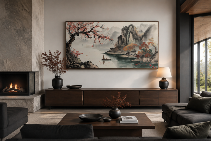 Traditional Chinese Shan Shui Hua canvas wall art featuring mountains, a lake, and a small boat.