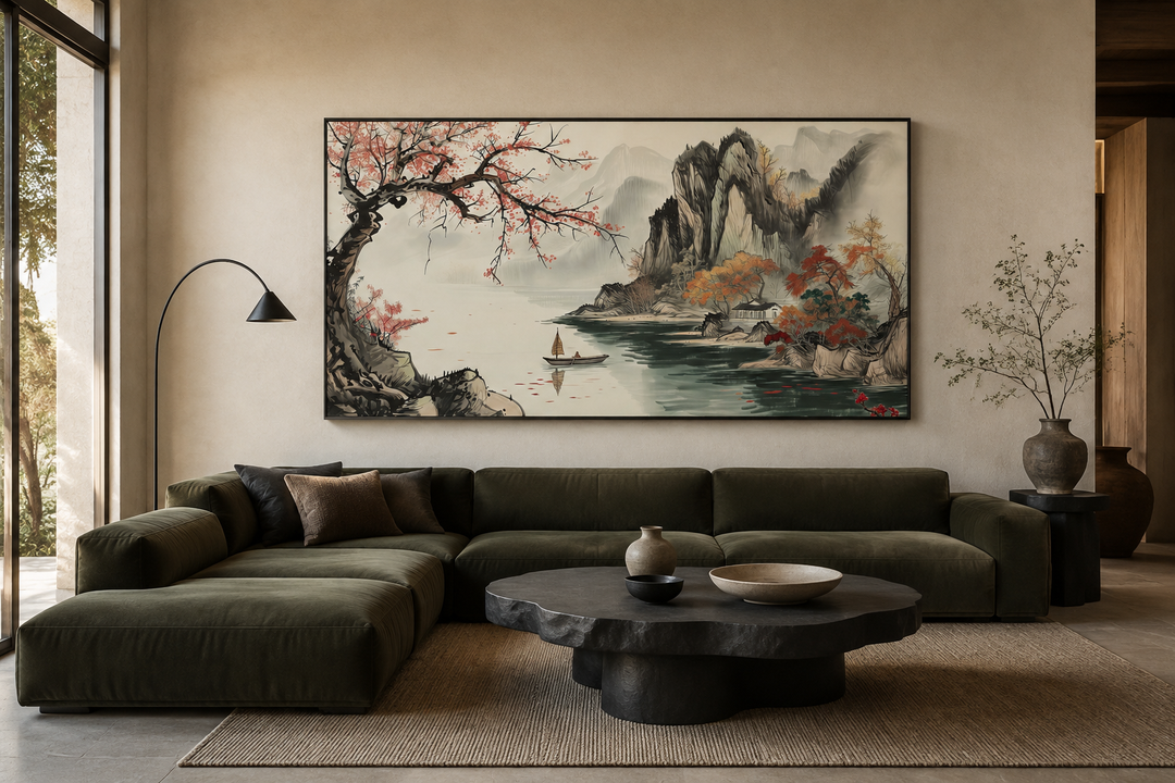 Traditional Chinese Shan Shui Hua landscape canvas wall art above a green sectional sofa.