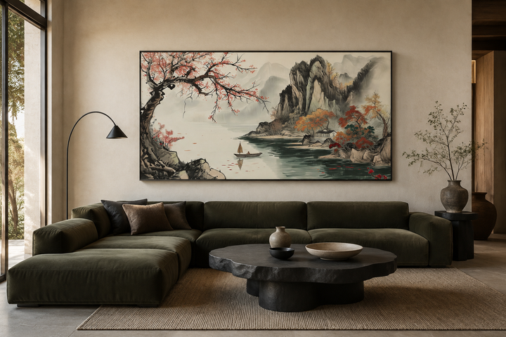 Traditional Chinese Shan Shui Hua landscape canvas wall art above a green sectional sofa.