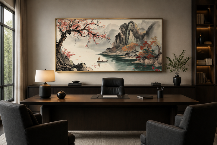 Traditional Chinese Shan Shui Hua landscape canvas wall art above a dark wood office desk.