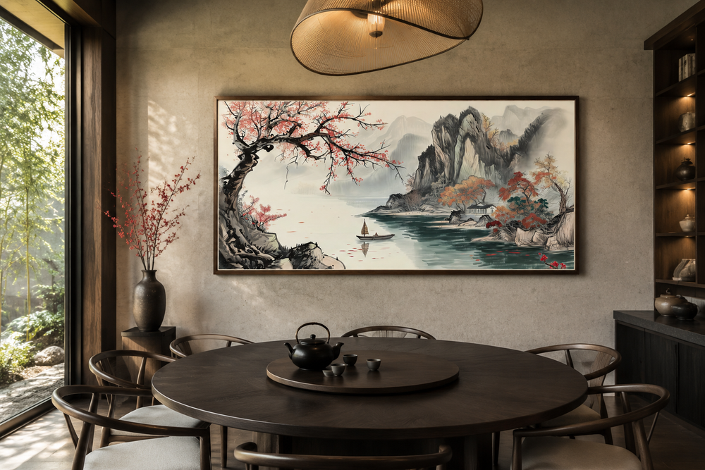 Traditional Chinese Shan Shui Hua landscape canvas wall art featuring mountains, lake, and boat.