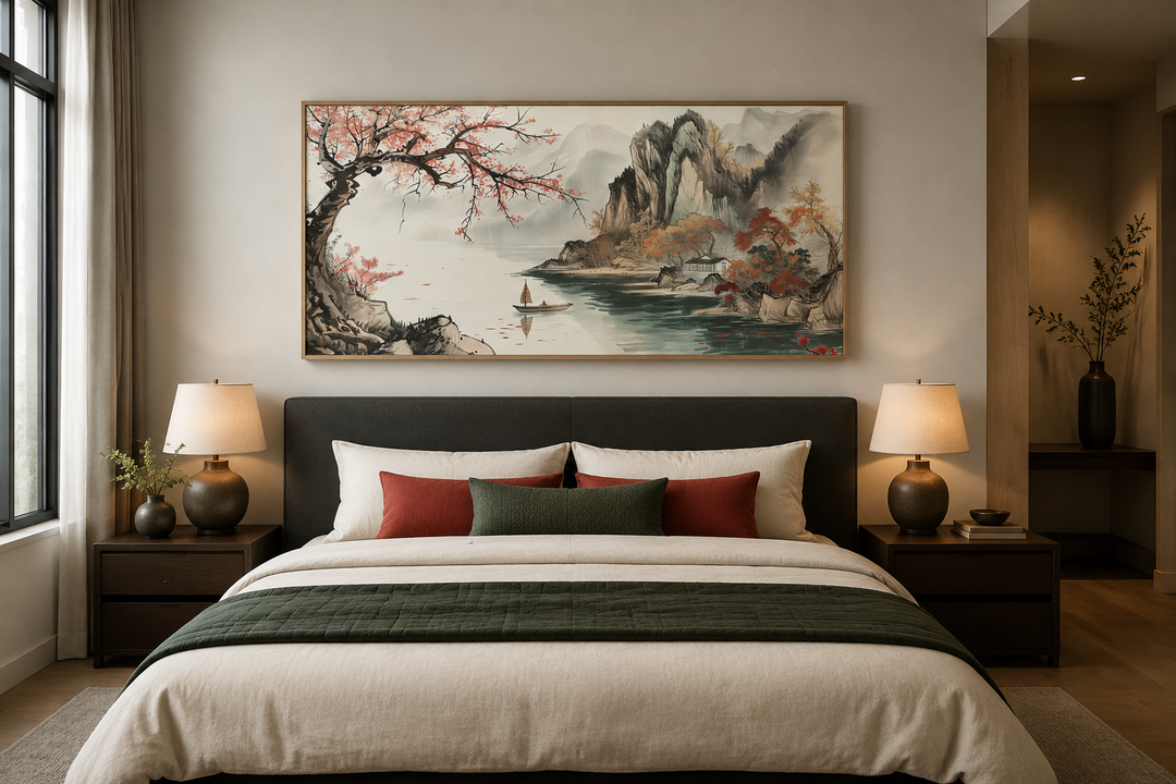Traditional Chinese Shan Shui Hua landscape canvas wall art above a bed in a modern bedroom.