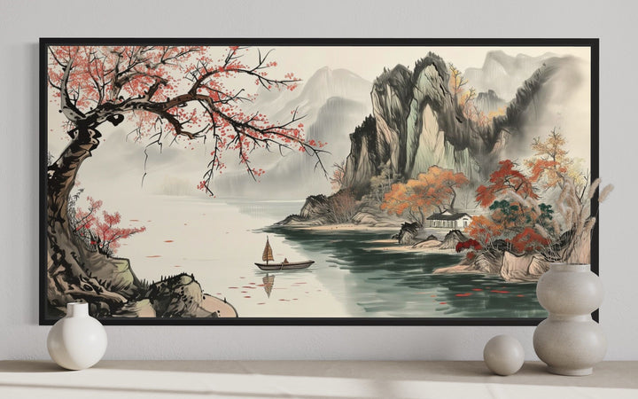 Traditional Chinese Shan Shui Hua landscape canvas wall art with mountains, lake, and boat.