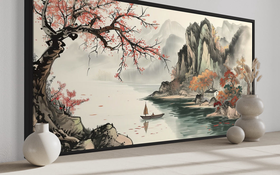 Traditional Chinese Shan Shui Hua canvas wall art featuring mountains, a lake, and a small boat.