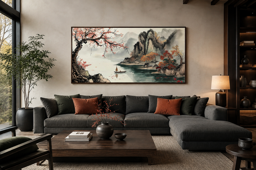 Traditional Chinese Shan Shui Hua canvas wall art featuring mountains, a lake, and a small boat.