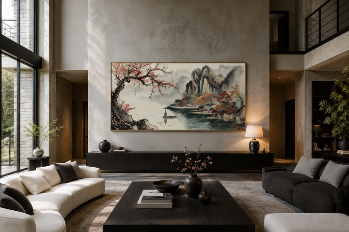 Traditional Chinese Shan Shui Hua landscape canvas wall art featuring mountains, a lake, and boat.