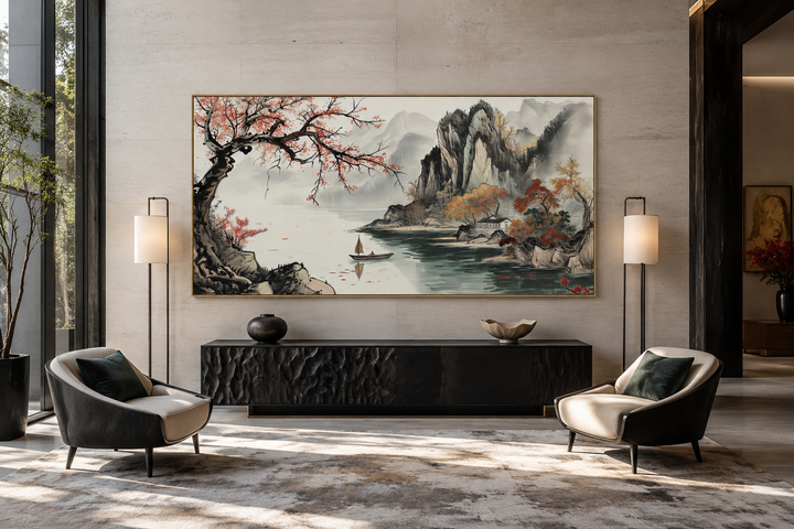 Traditional Chinese Shan Shui Hua canvas wall art featuring mountains, a lake, and a small boat.