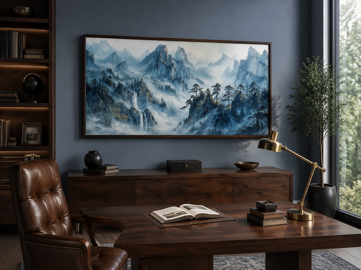 Traditional Chinese mountain landscape framed canvas wall art in a modern office setting.