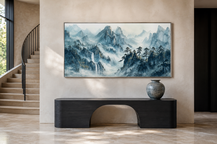 Framed Shan Shui Hua style canvas art of misty teal mountains above a black console table.