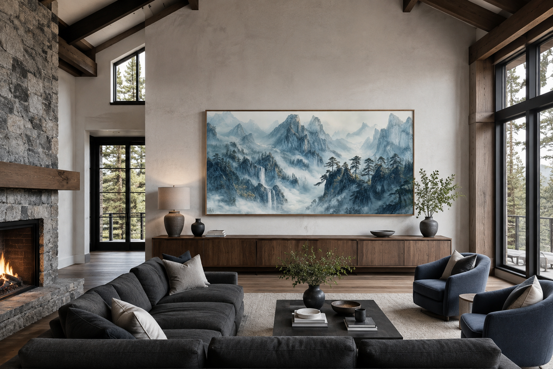 Framed Shan Shui Hua style canvas wall art of misty blue mountains in a modern living room.