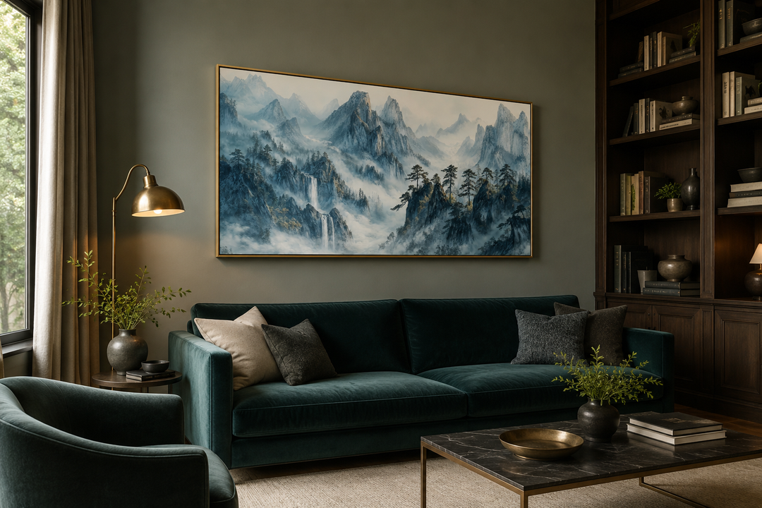 Framed Shan Shui Hua style canvas wall art of misty mountains above a teal velvet sofa.