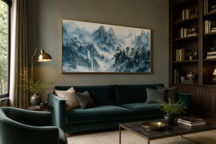 Framed Shan Shui Hua style canvas wall art of misty mountains above a teal velvet sofa.