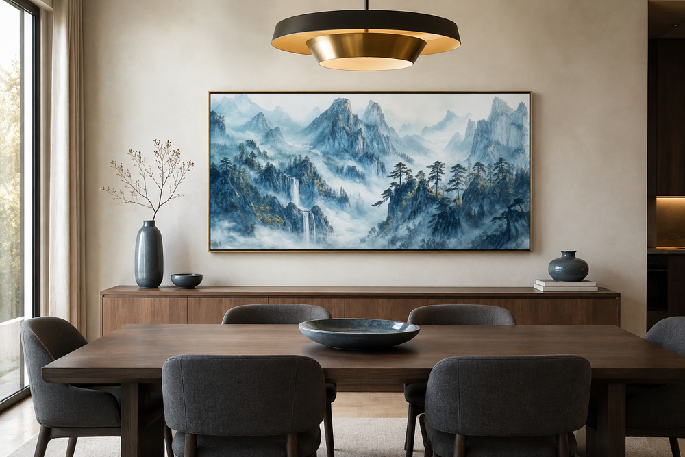 Framed Shan Shui Hua style canvas wall art of misty blue mountains above a dining room sideboard.