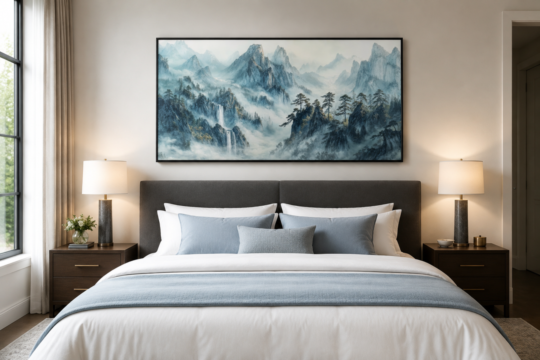 Traditional Chinese mountain landscape framed canvas wall art above a bed in a modern bedroom.
